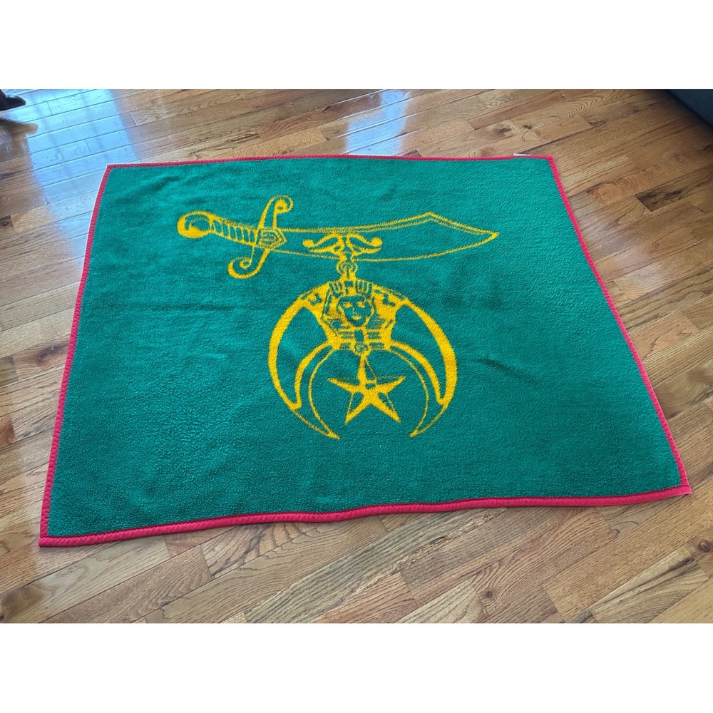 Vintage Biederlack Shriners Blanket Reversible Fleece Throw Green Yellow USA
